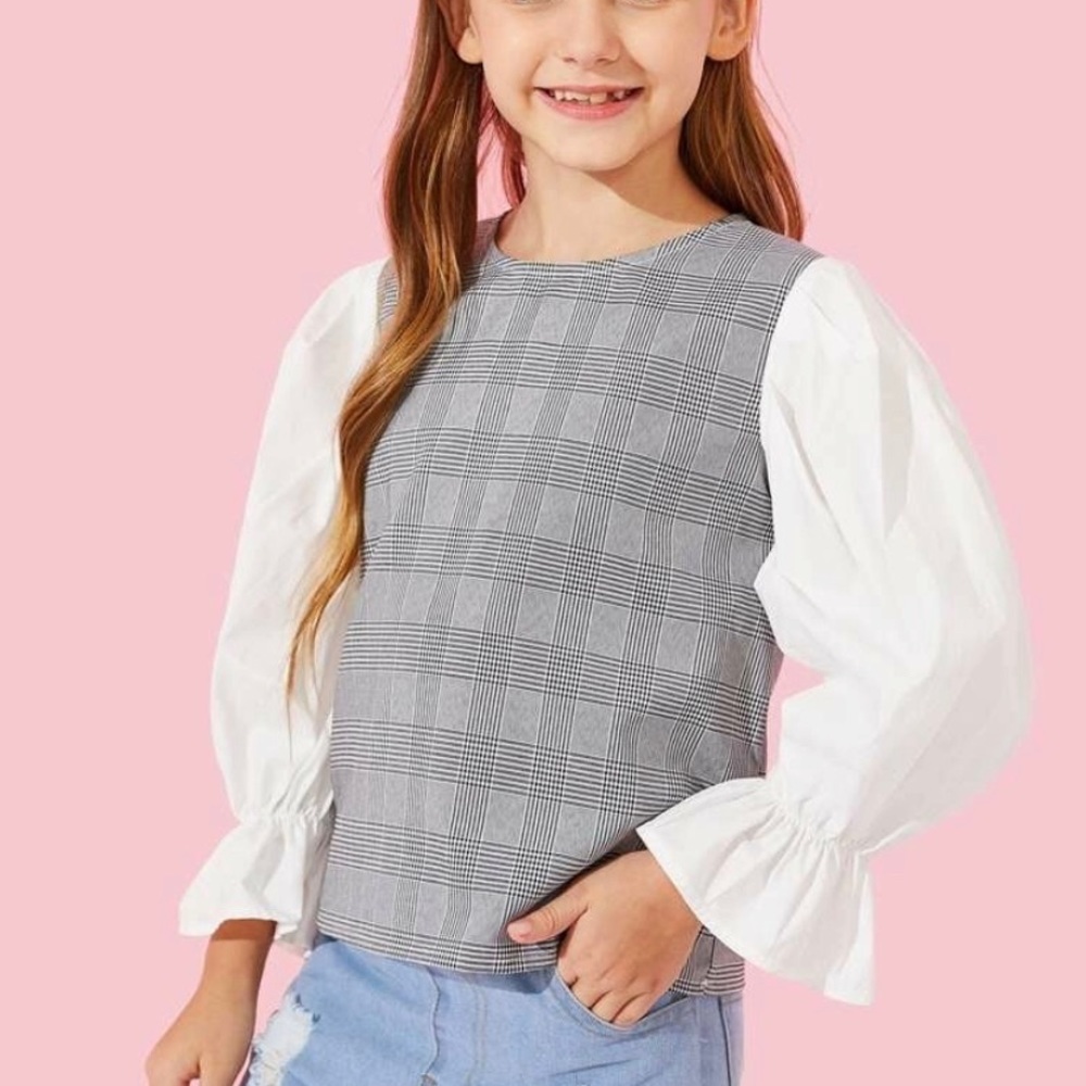 Age 14**GORGEOUS plaid with puffy sleeves blouse - Picture 1 of 4